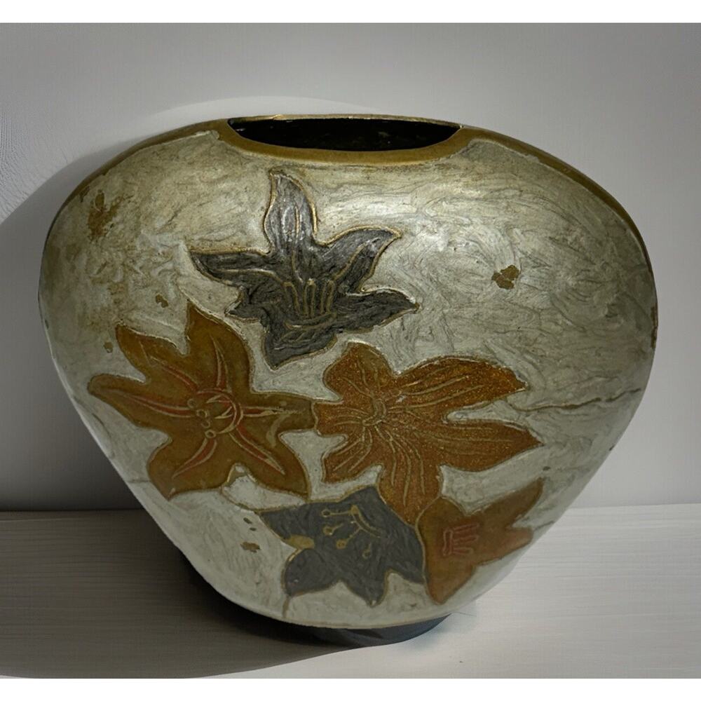 Vintage Brass Enamel Vase Leaf Hand Painted Made In India Heavy
